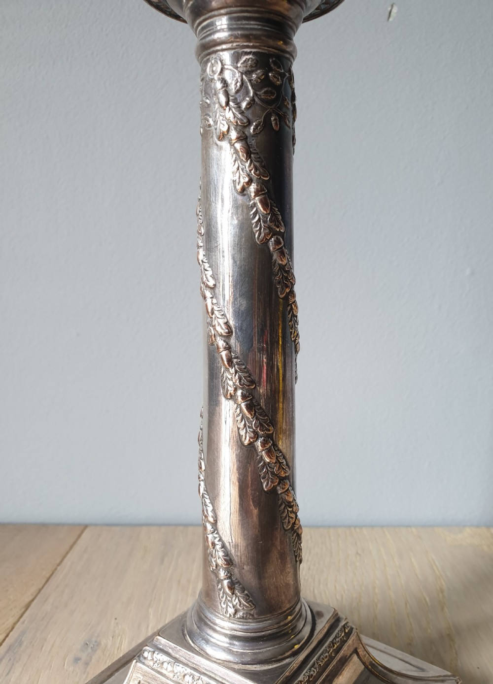 Victorian Decorated Distressed Silver Plated Brass Table Lamp, Rewired and PAT tested  View IX
