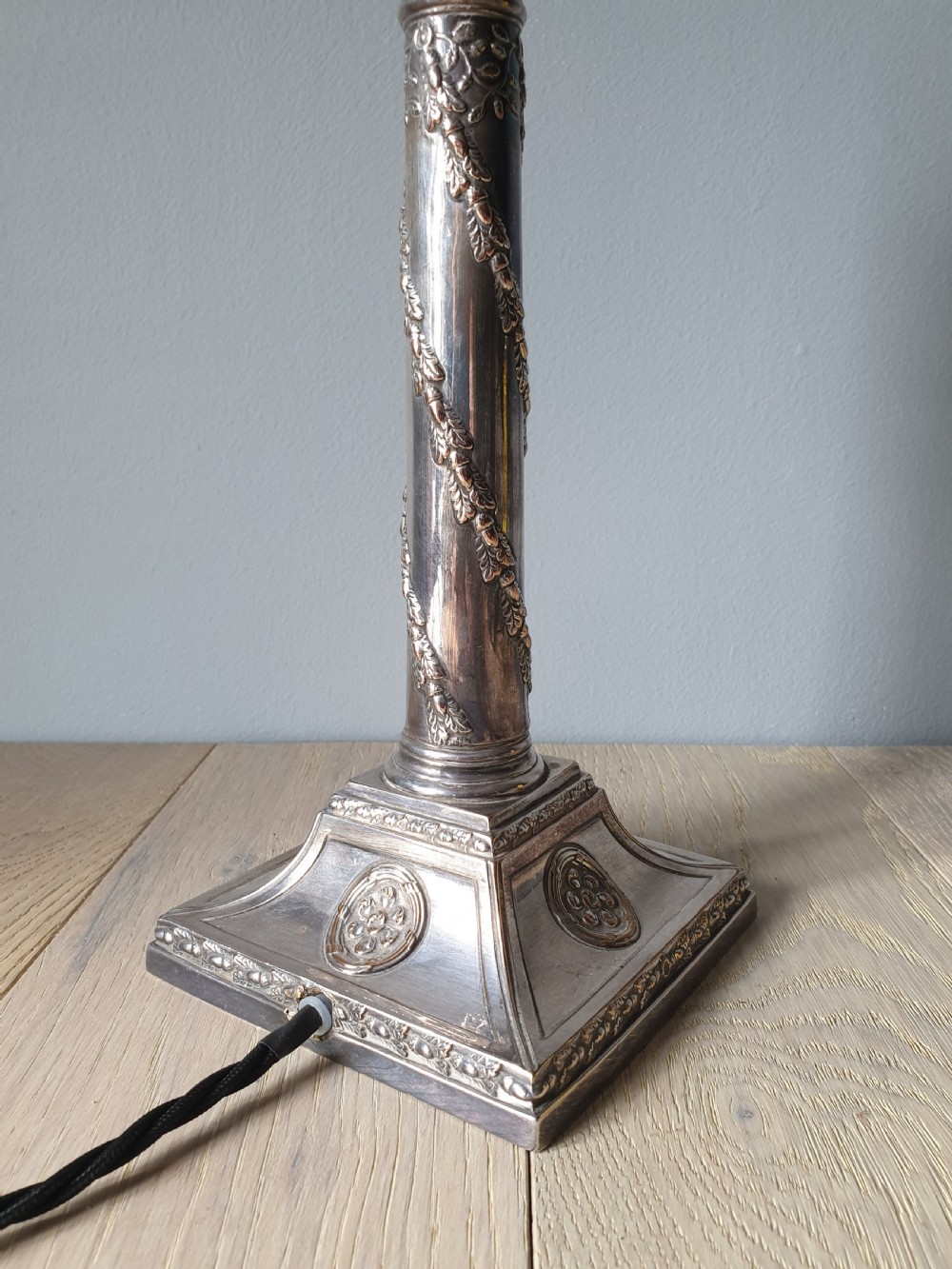 Victorian Decorated Distressed Silver Plated Brass Table Lamp, Rewired and PAT tested  View X
