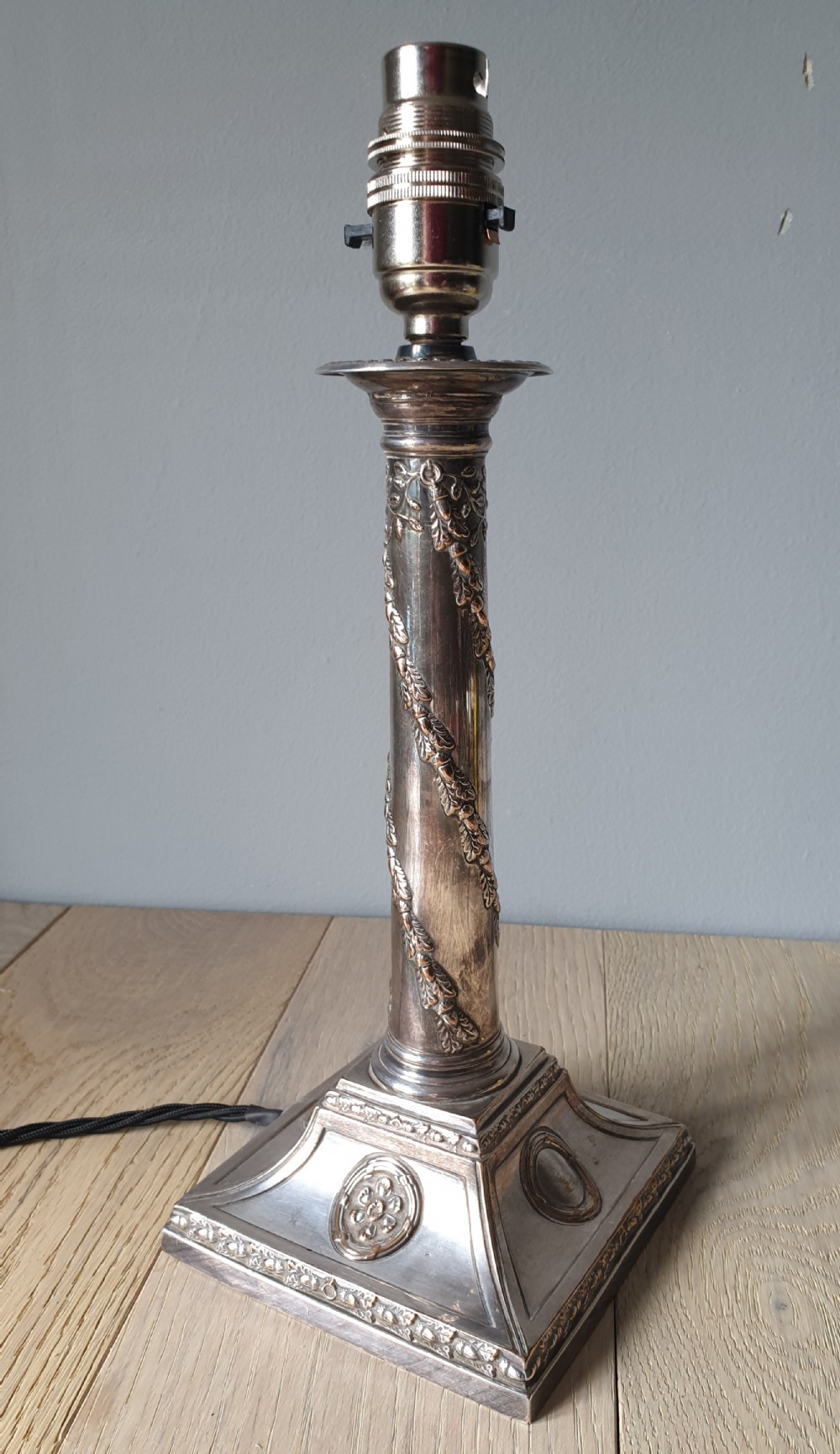 Victorian Decorated Distressed Silver Plated Brass Table Lamp, Rewired and PAT tested 