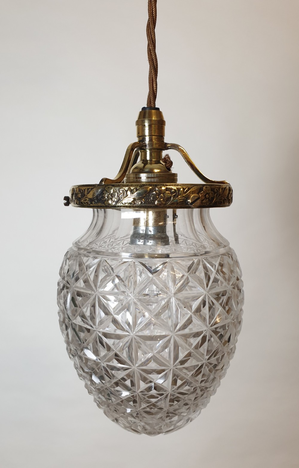 Cut Crystal Glass Ceiling Pendant Light  with Original Decorated Brass Gallery, Rewired 