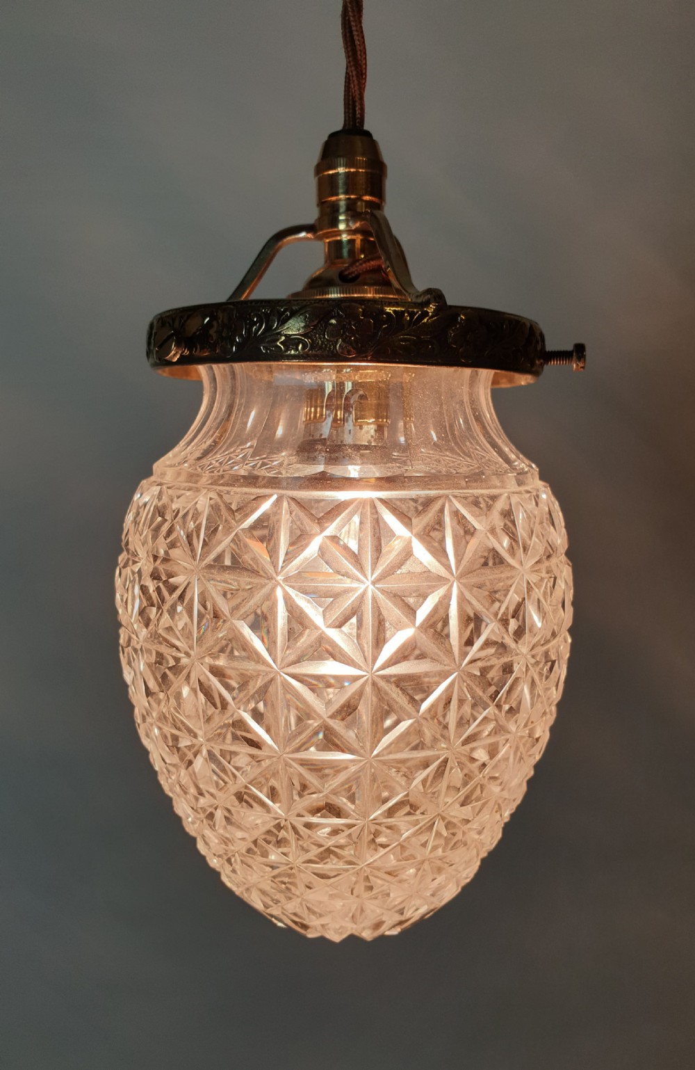 Cut Crystal Glass Ceiling Pendant Light  with Original Decorated Brass Gallery, Rewired  View V