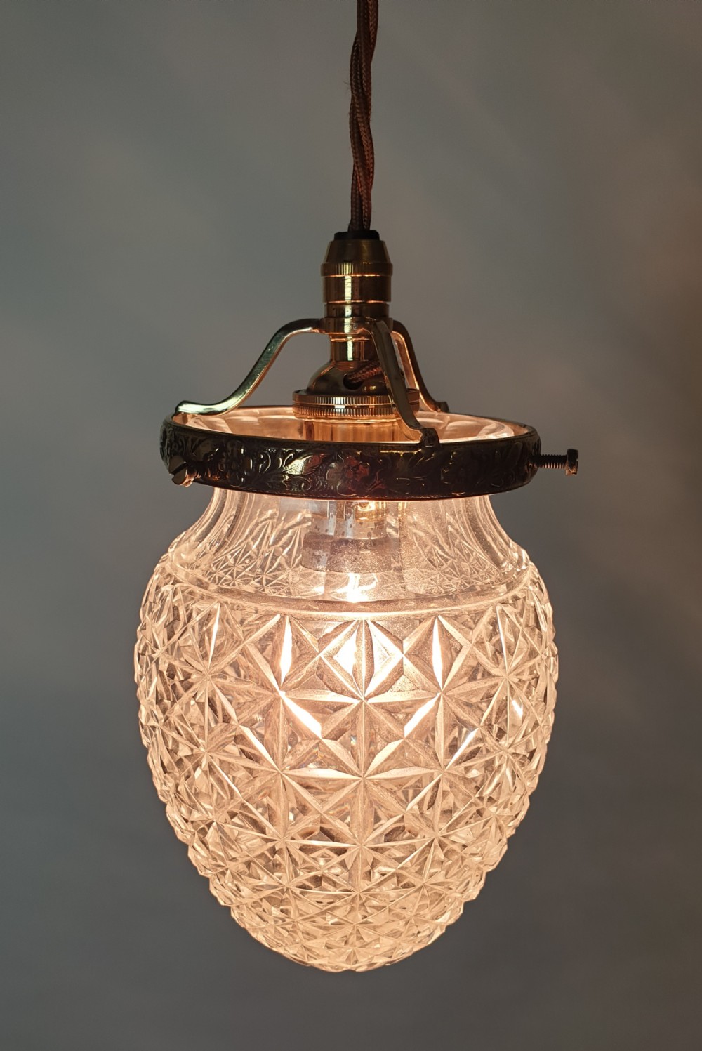 Cut Crystal Glass Ceiling Pendant Light  with Original Decorated Brass Gallery, Rewired  View VI