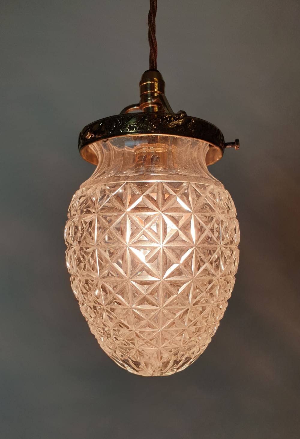 Cut Crystal Glass Ceiling Pendant Light  with Original Decorated Brass Gallery, Rewired  View VIII