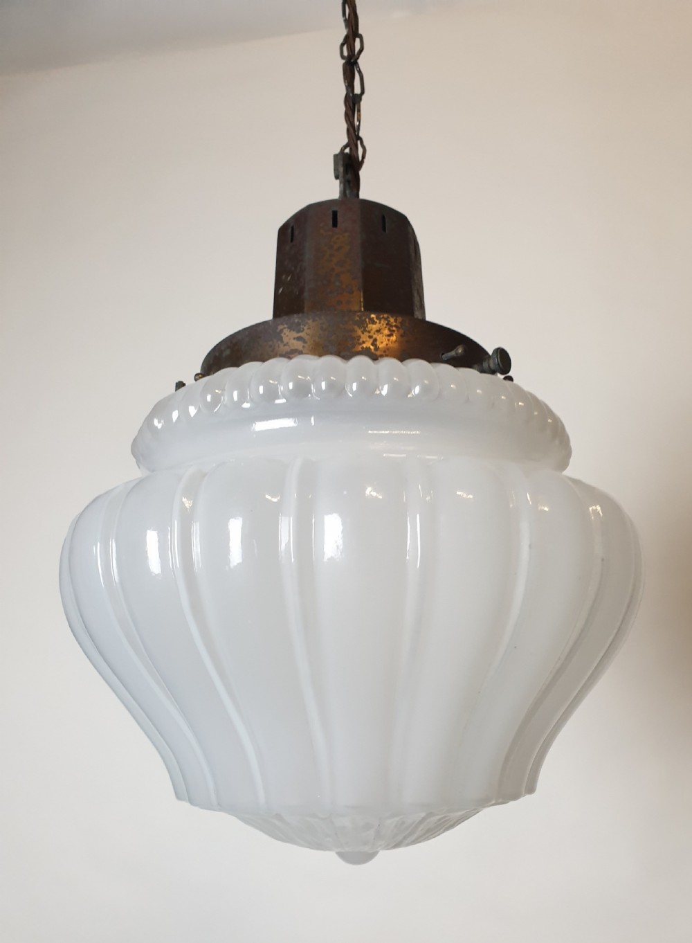 Large Opaque Ceiling Light with Distressed Bronzed Gallery, Rewired  View II