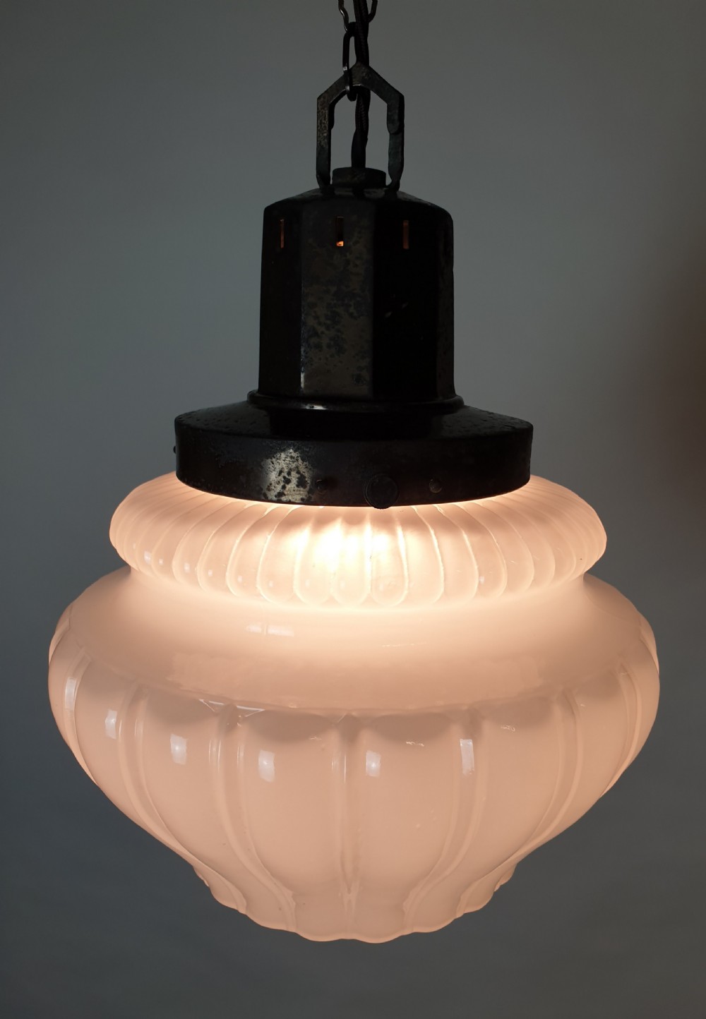 Large Opaque Ceiling Light with Distressed Bronzed Gallery, Rewired  View V