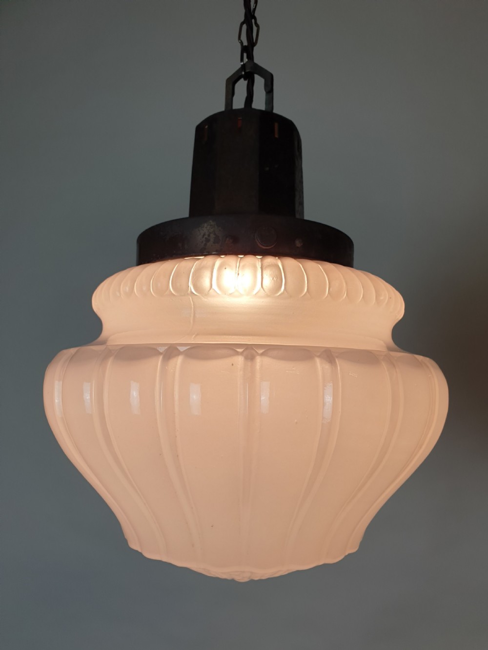 Large Opaque Ceiling Light with Distressed Bronzed Gallery, Rewired  View VIII
