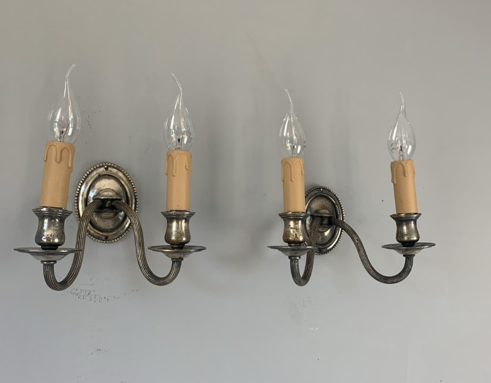 Pair of Small English Late 19th Century Distressed Silver Plated Wall Lights, Rewired 