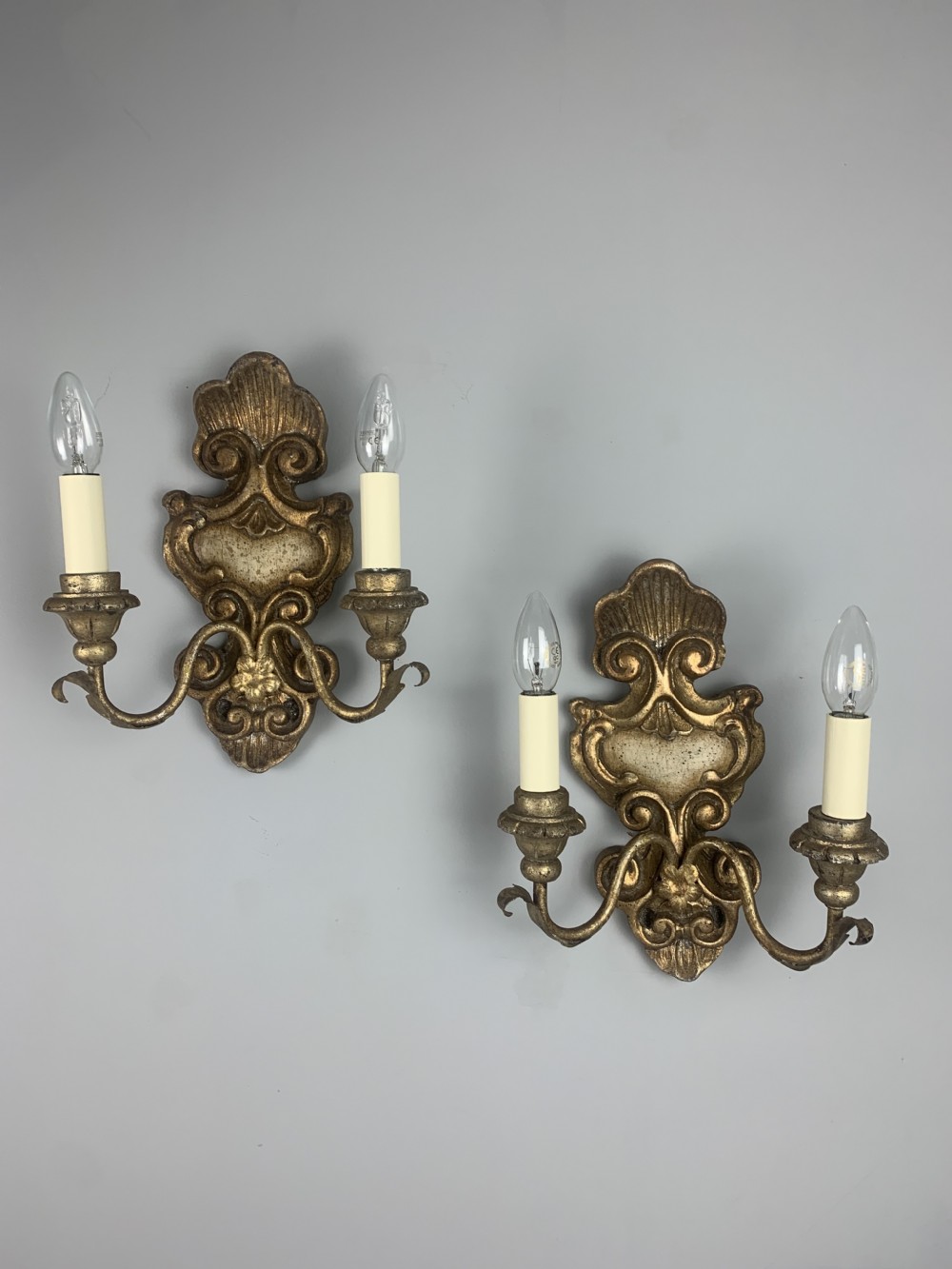 Italian Pair of Giltwood Wall Lights, Rewired 