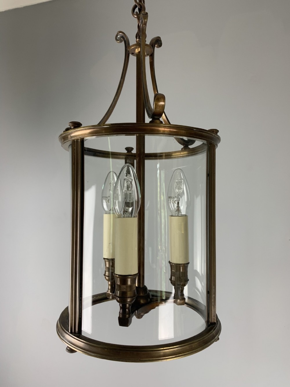 Quality French Bronzed Brass Triple Light Lantern, Rewired 