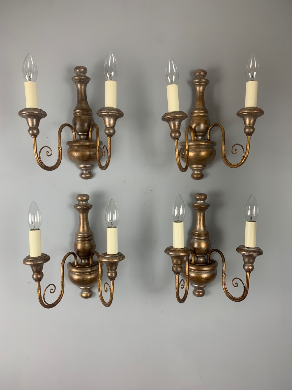 Set of 4 Italian Polychrome Giltwood Wall Lights, Rewired 