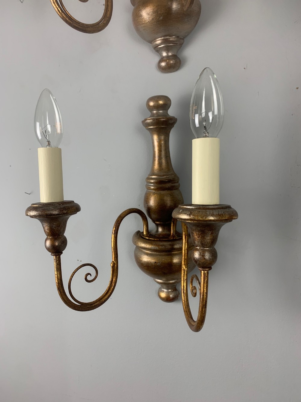 Set of 4 Italian Polychrome Giltwood Wall Lights, Rewired  View X