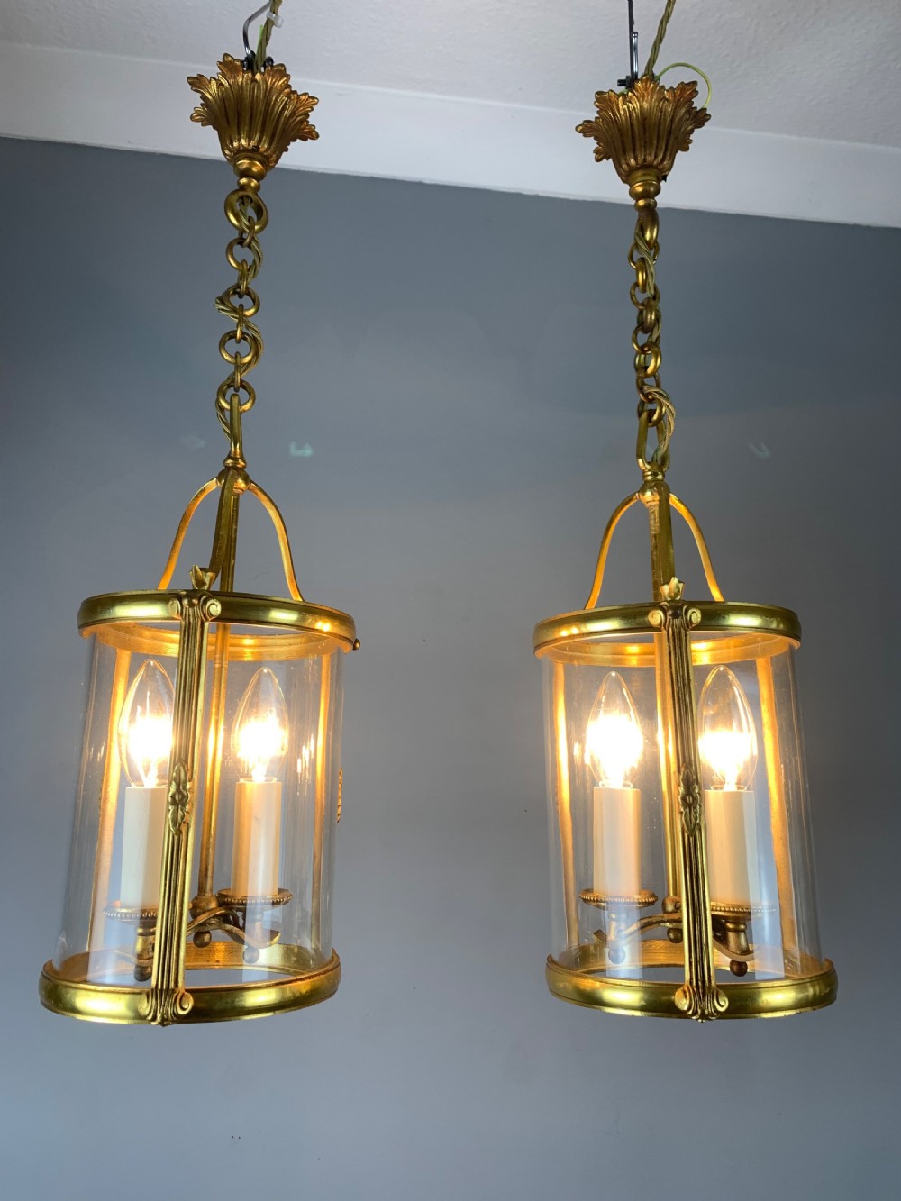 Pair of Small French Gilt Bronze Twin Light Lanterns, Rewired  View II