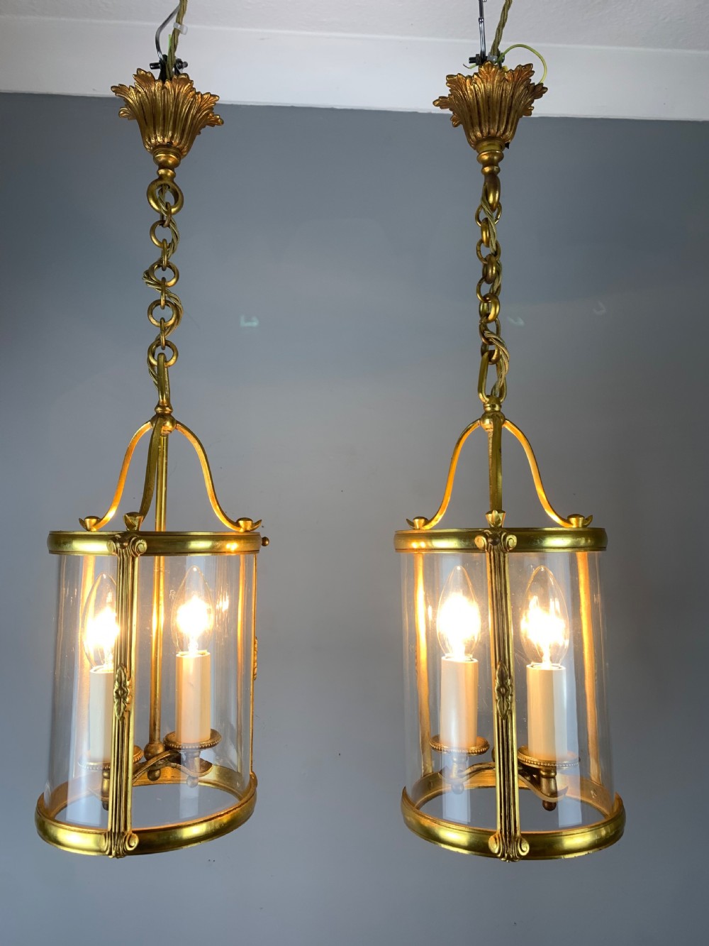 Pair of Small French Gilt Bronze Twin Light Lanterns, Rewired  View V