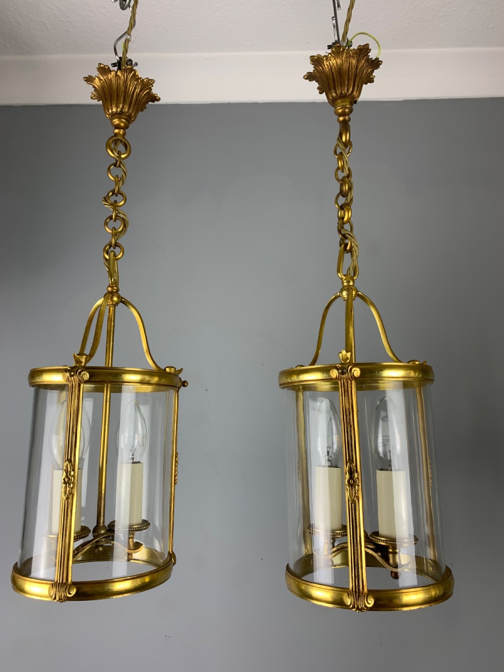 Pair of Small French Gilt Bronze Twin Light Lanterns, Rewired  View X