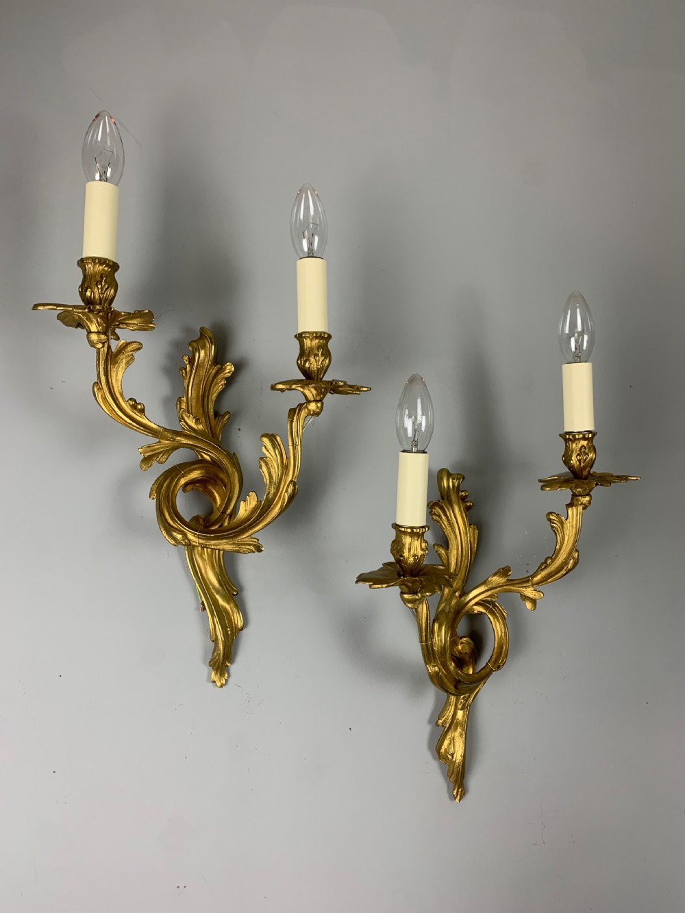 Pair Of French Gilt Brass Wall Lights, Rewired