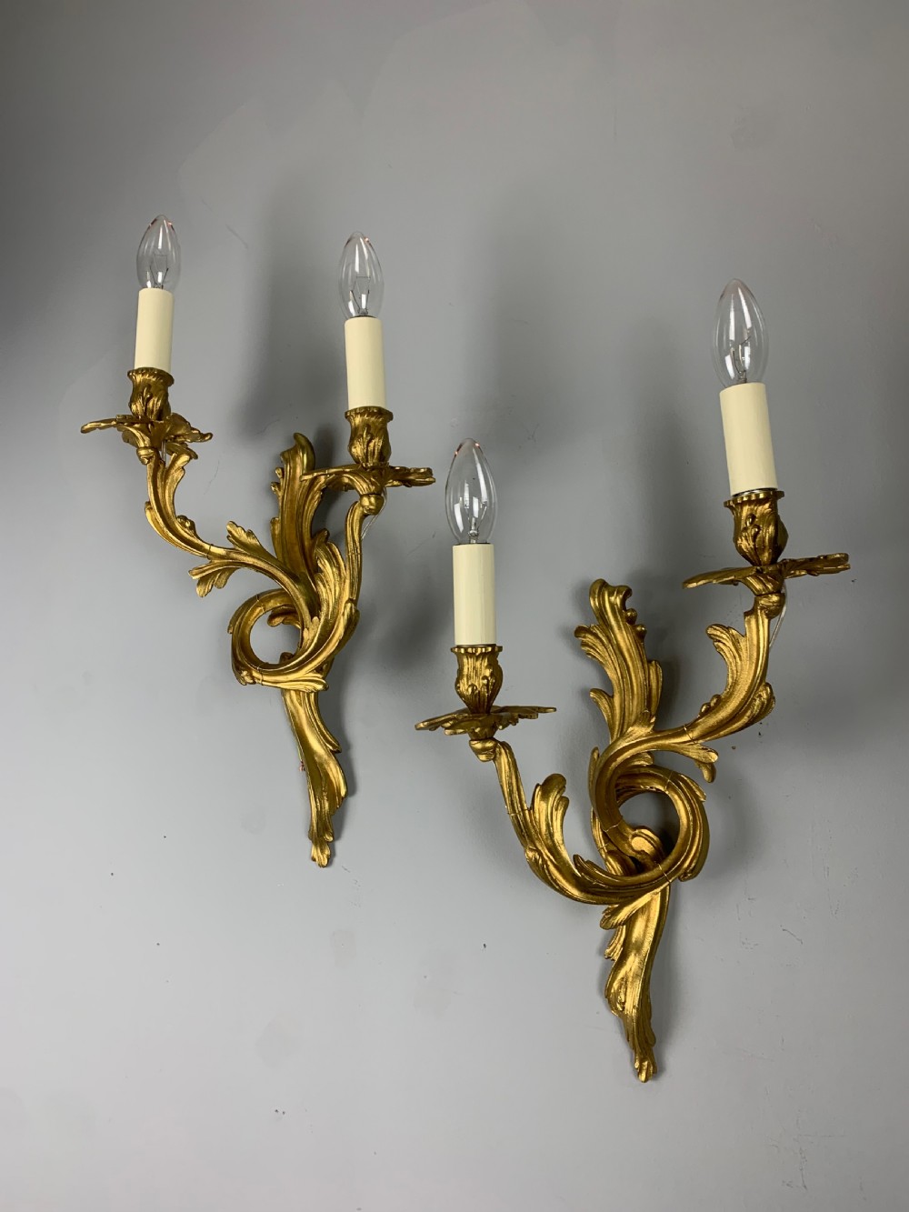 Pair Of French Gilt Brass Wall Lights, Rewired View X