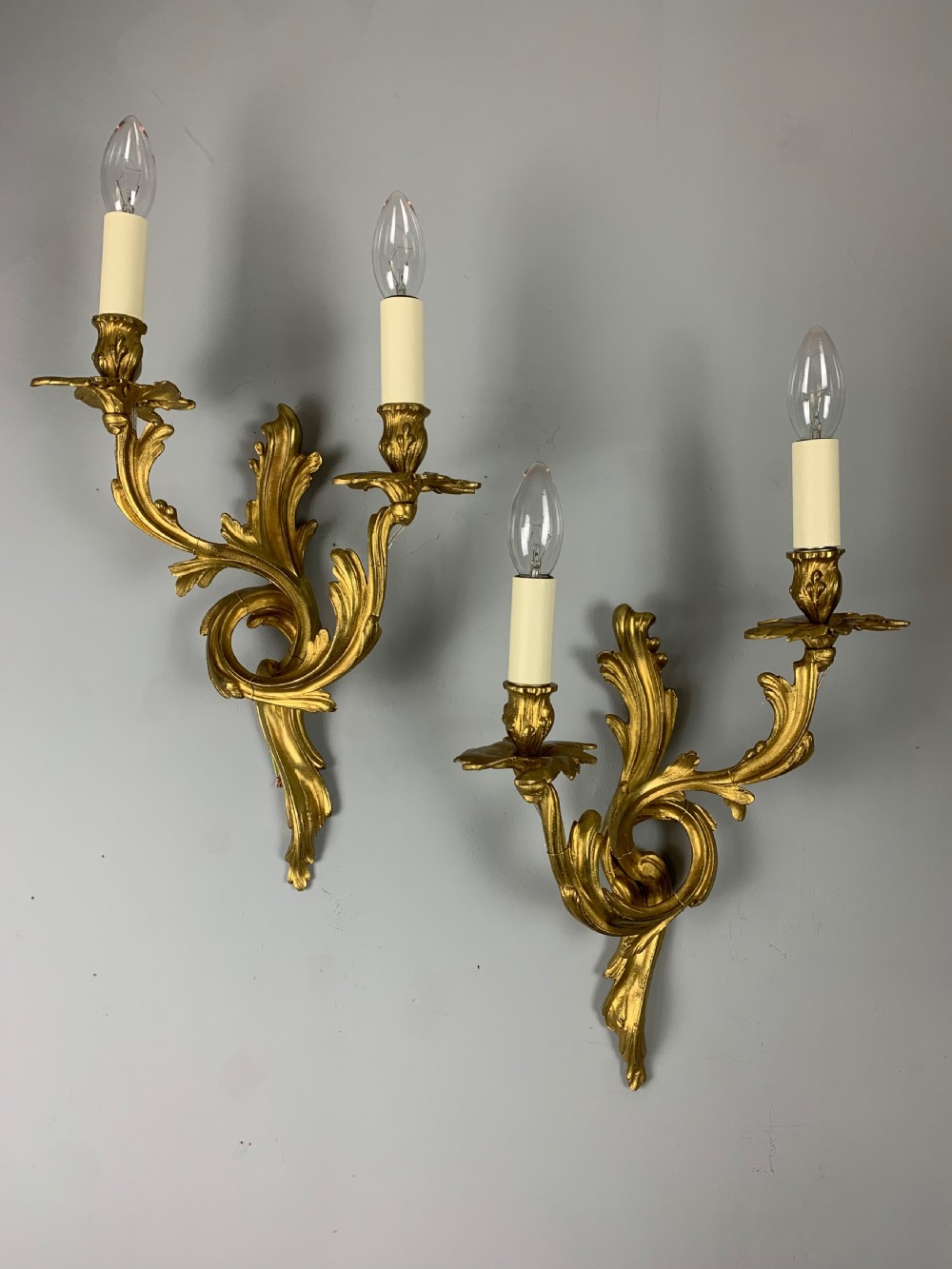 Pair Of French Gilt Brass Wall Lights, Rewired View XI