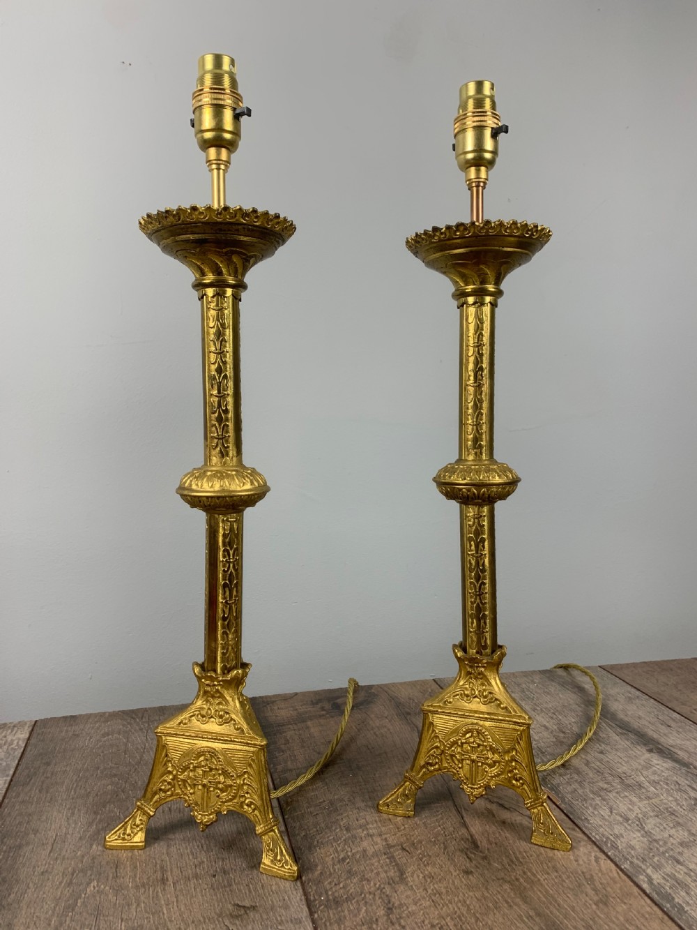 Pair of French Gilt Brass Church Altar Table Lamps, Rewired 