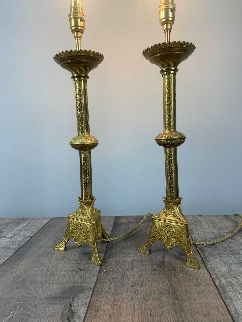 Pair of French Gilt Brass Church Altar Table Lamps, Rewired  View II