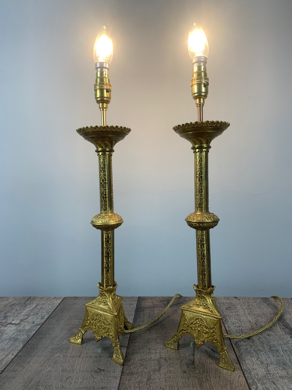 Pair of French Gilt Brass Church Altar Table Lamps, Rewired  View III