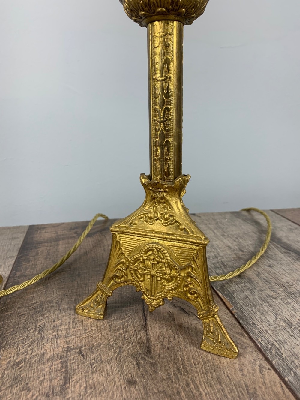 Pair of French Gilt Brass Church Altar Table Lamps, Rewired  View V