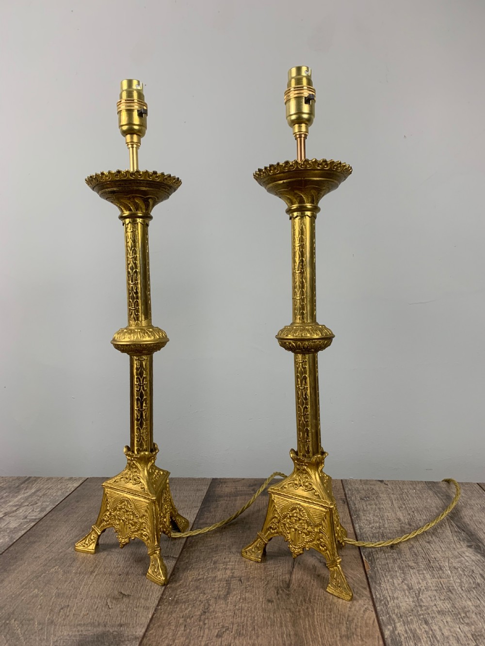 Pair of French Gilt Brass Church Altar Table Lamps, Rewired  View VII