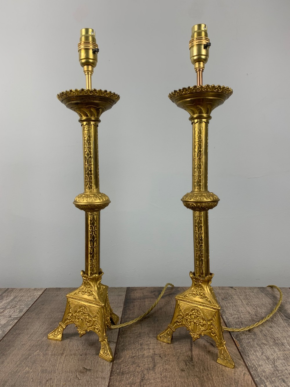 Pair of French Gilt Brass Church Altar Table Lamps, Rewired  View IX