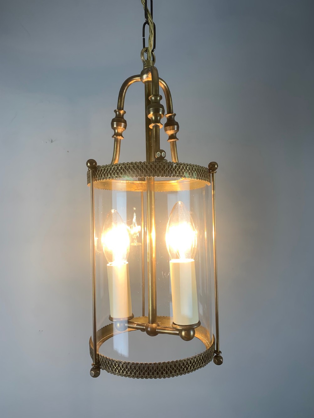 French Small Brass Twin Light Antique Hall Lantern View II