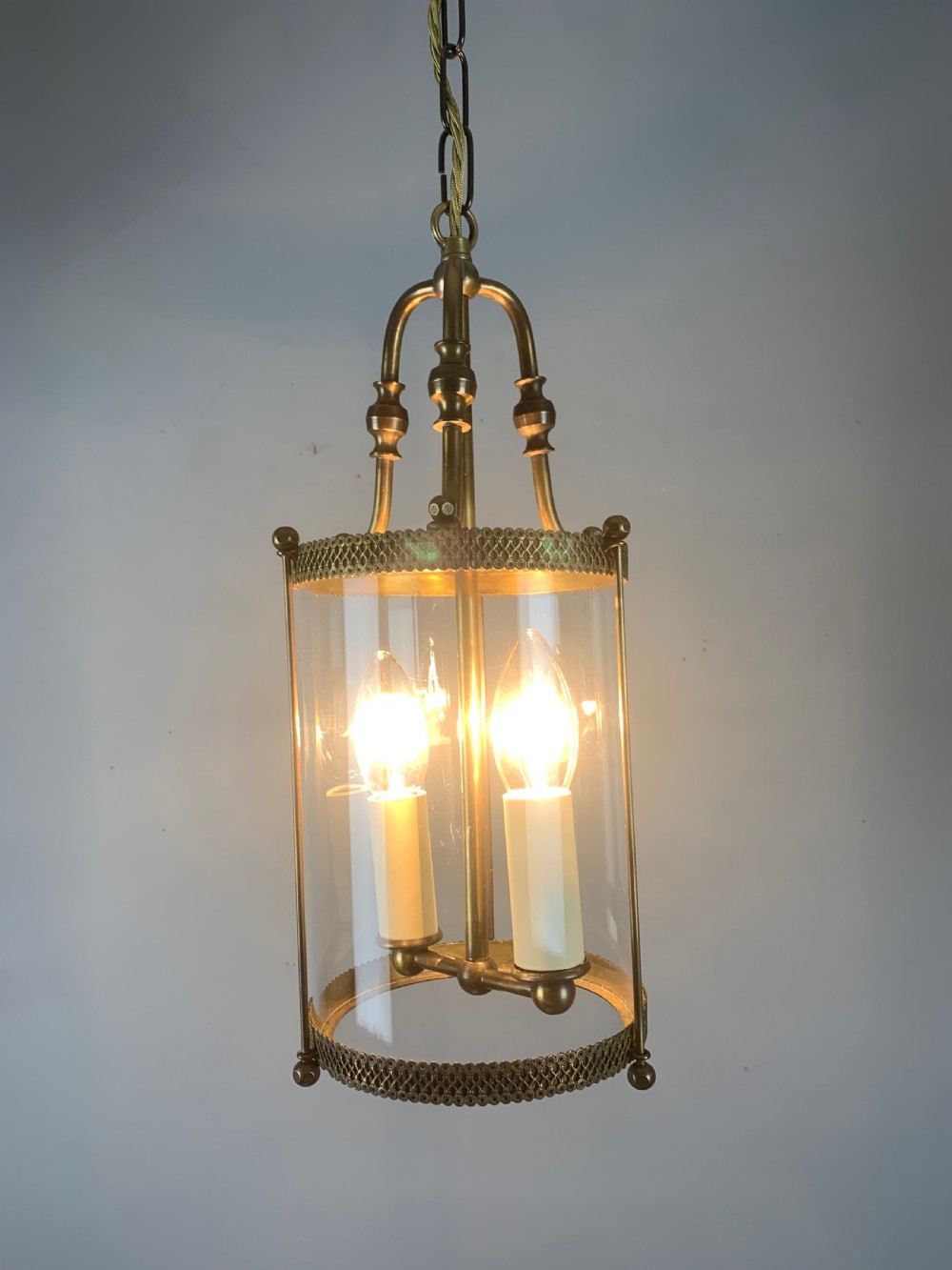 French Small Brass Twin Light Antique Hall Lantern View III