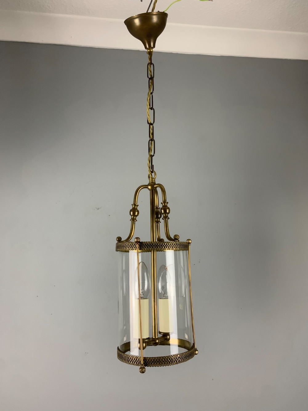 French Small Brass Twin Light Antique Hall Lantern View V