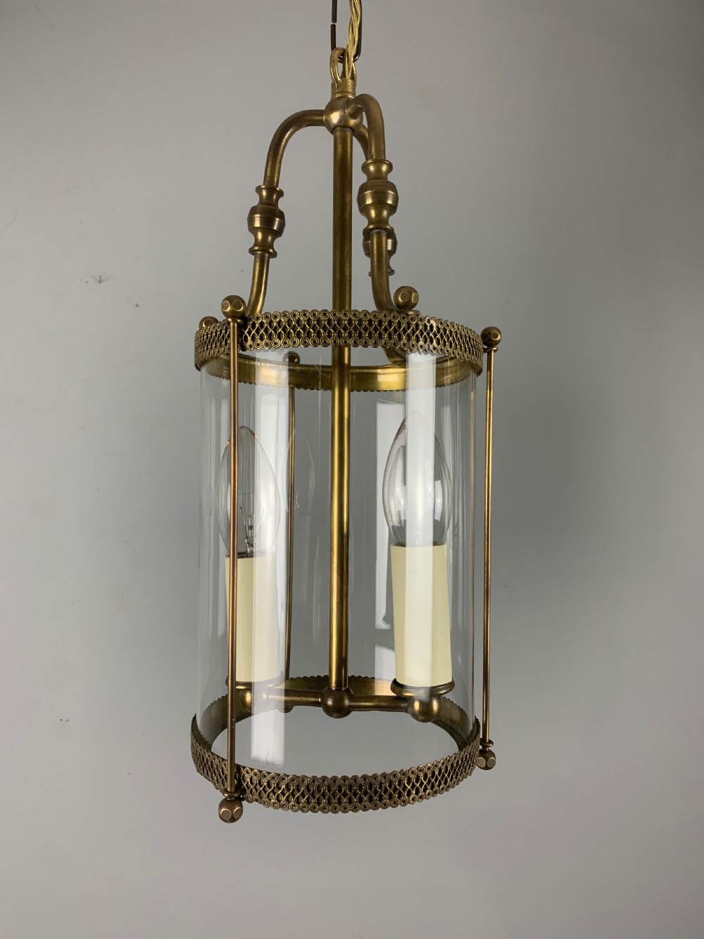 French Small Brass Twin Light Antique Hall Lantern View VI