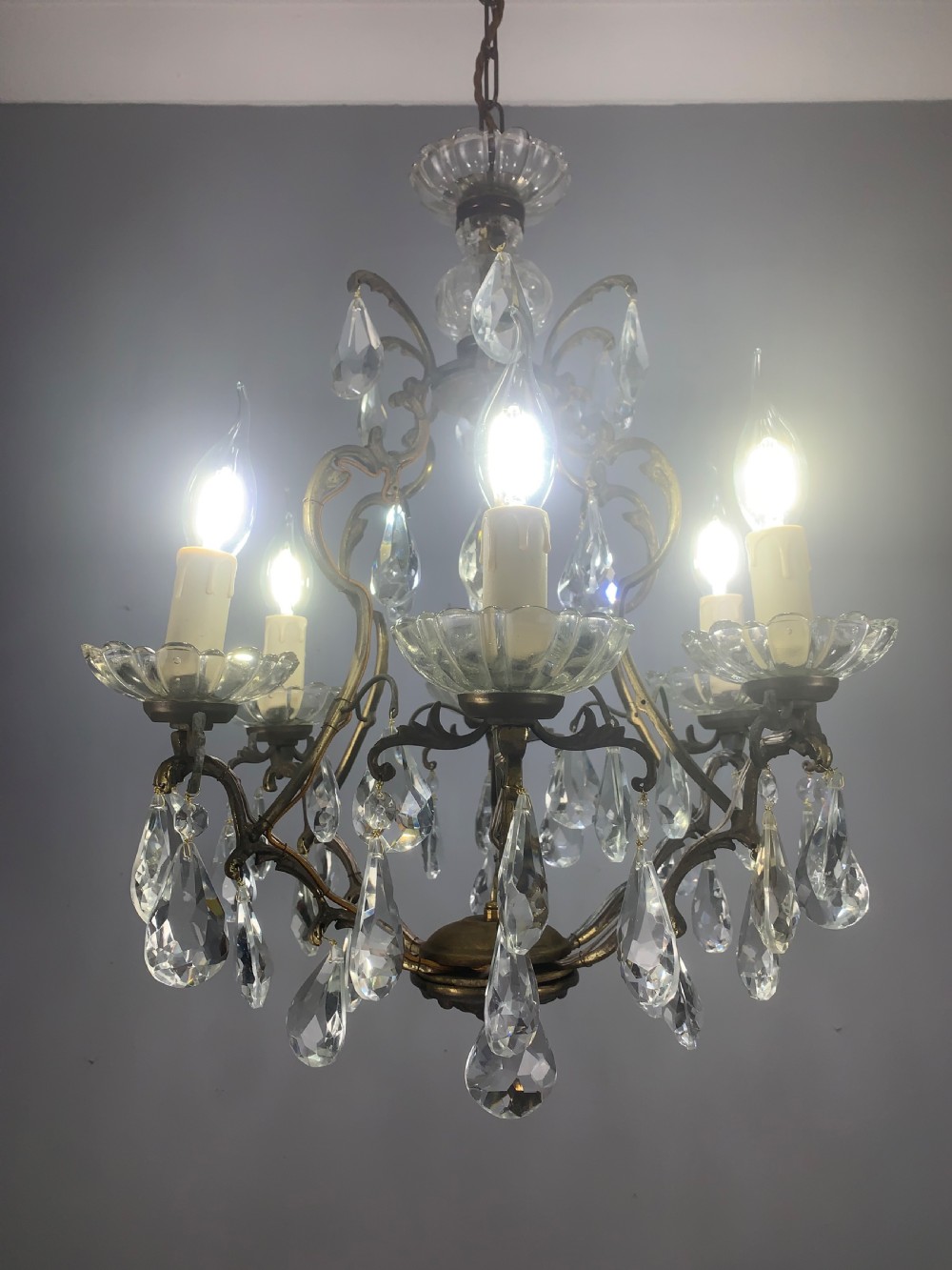 French Aged Brass 6 Arm Antique Birdcage Chandelier  View III