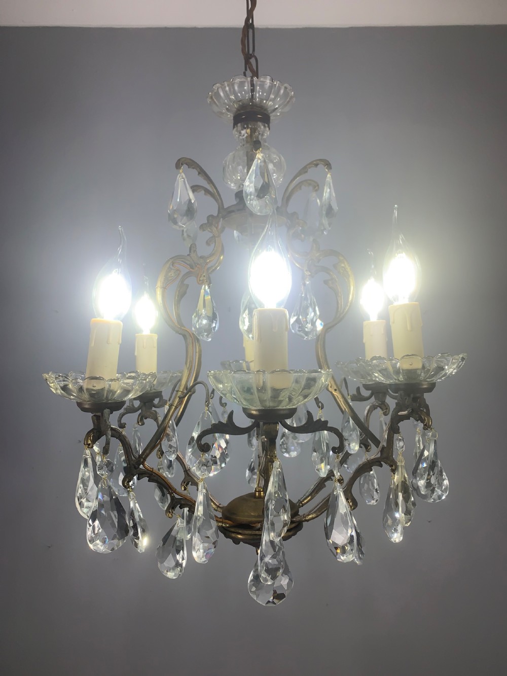 French Aged Brass 6 Arm Antique Birdcage Chandelier  View IV