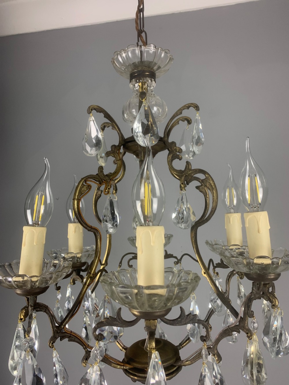 French Aged Brass 6 Arm Antique Birdcage Chandelier  View V