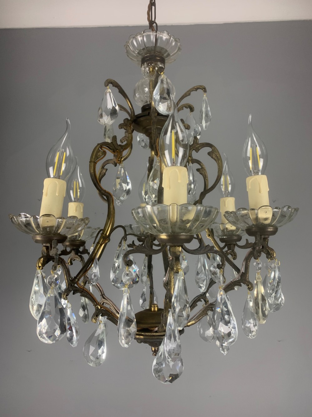 French Aged Brass 6 Arm Antique Birdcage Chandelier  View VIII