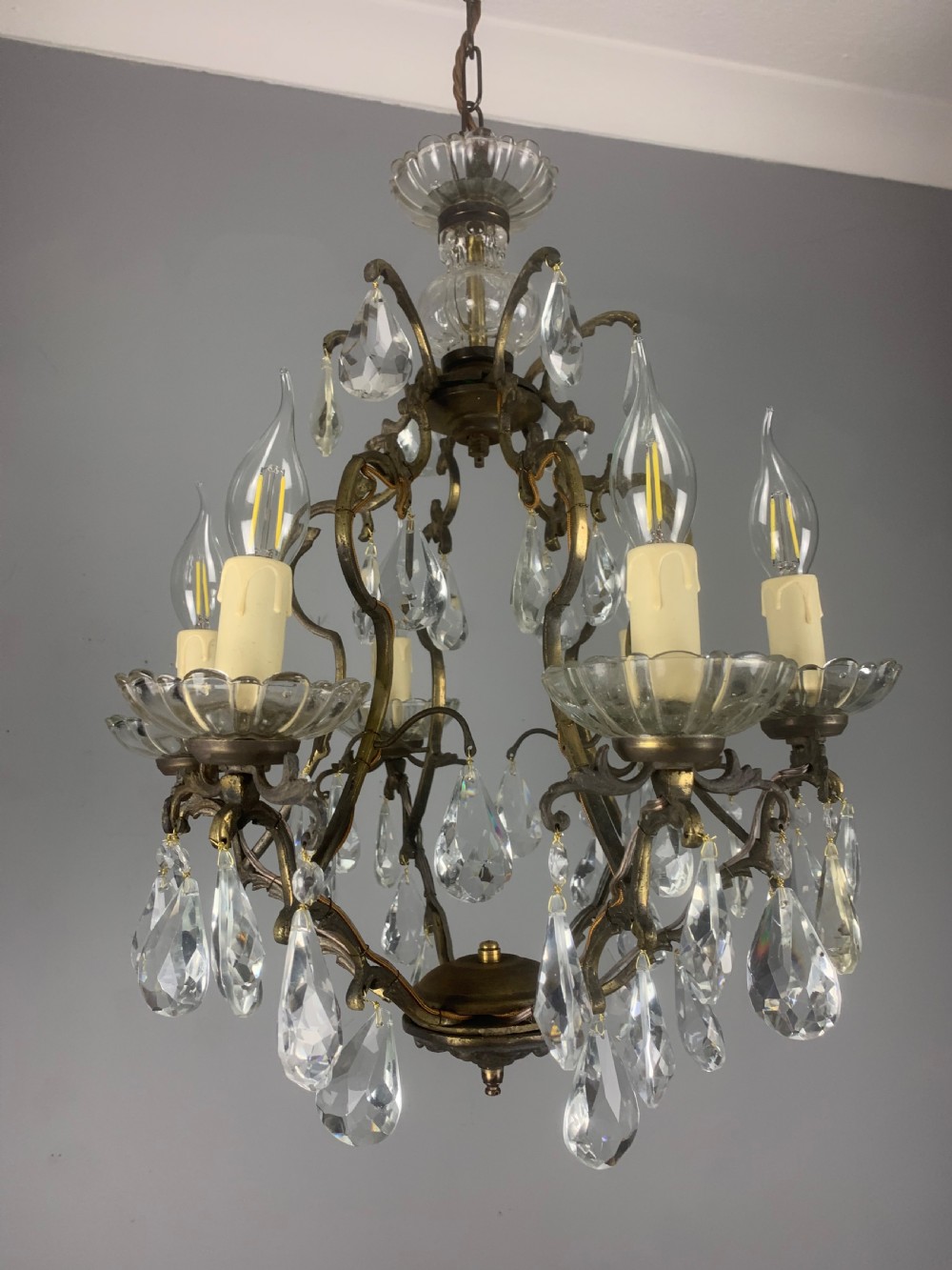 French Aged Brass 6 Arm Antique Birdcage Chandelier  View IX