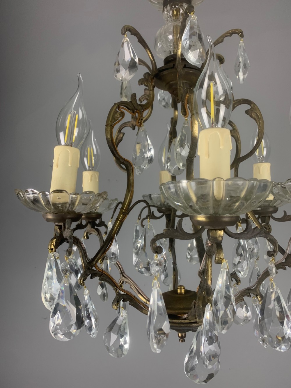 French Aged Brass 6 Arm Antique Birdcage Chandelier  View X