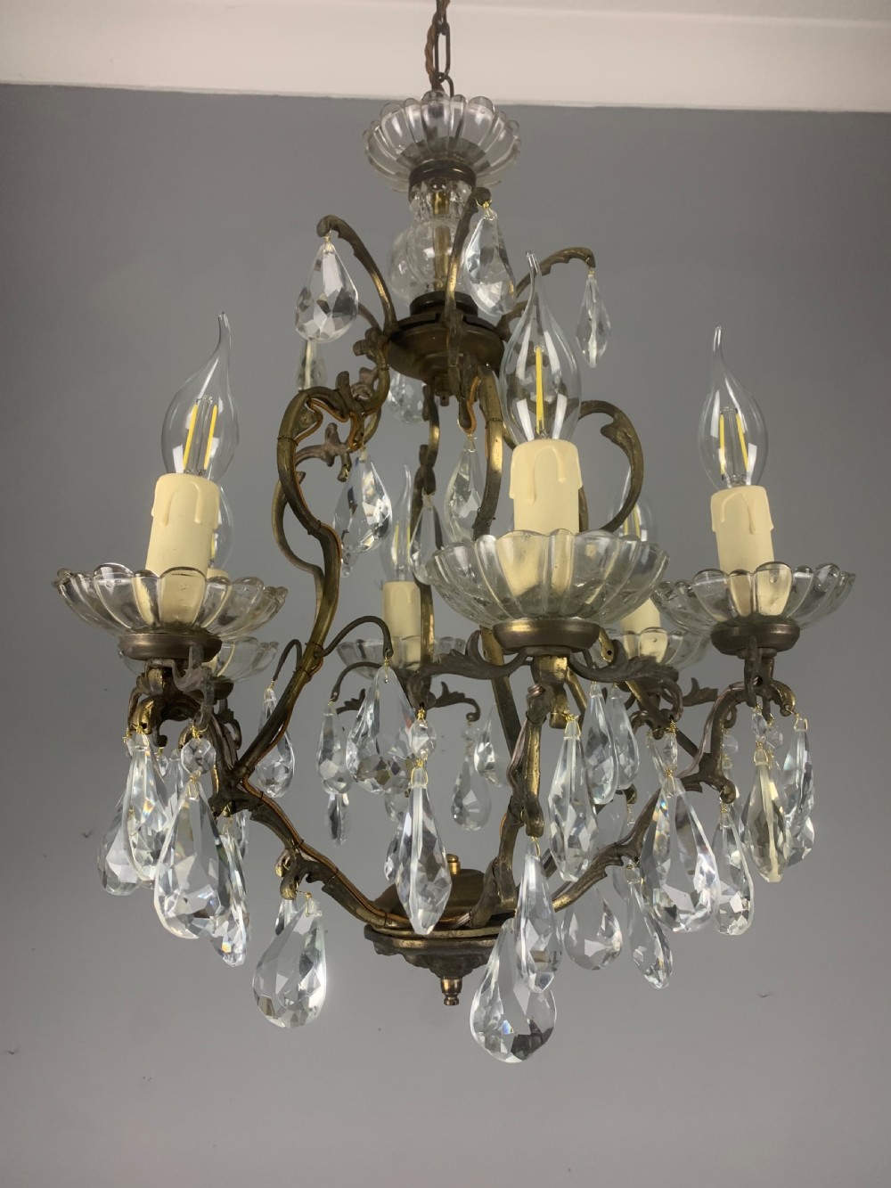 French Aged Brass 6 Arm Antique Birdcage Chandelier  View XI