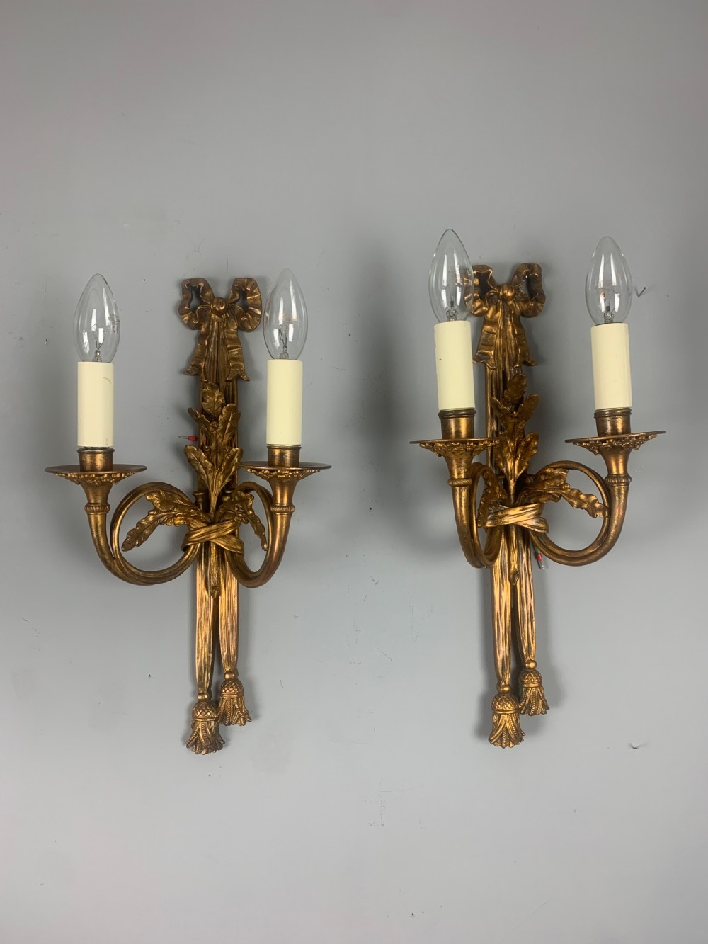Pair of Heavy French Gilt Bronze Antique Wall Lights 