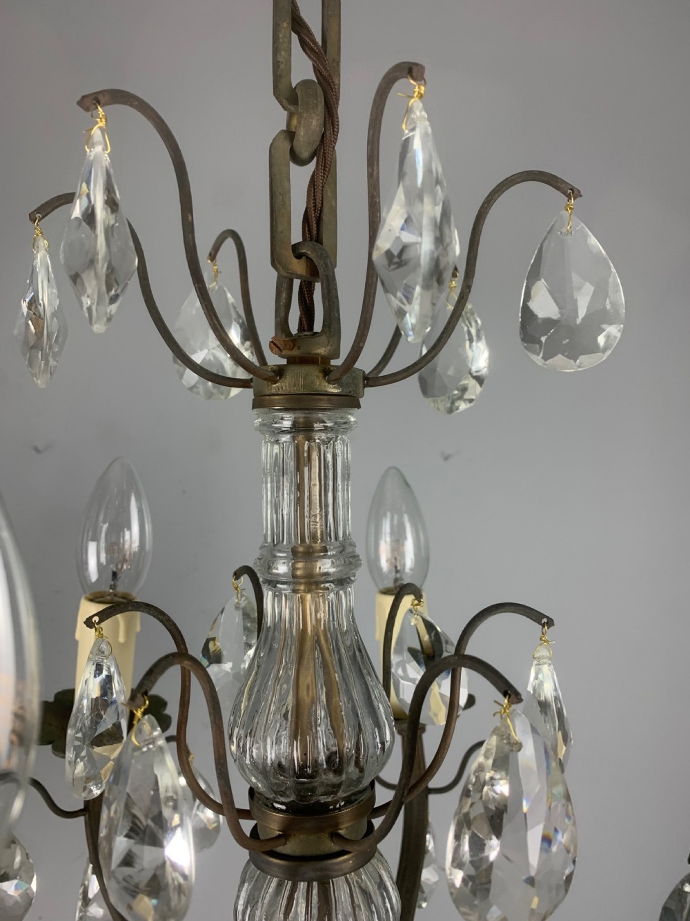 French 6 Arm Aged Brass Antique Chandelier  View II