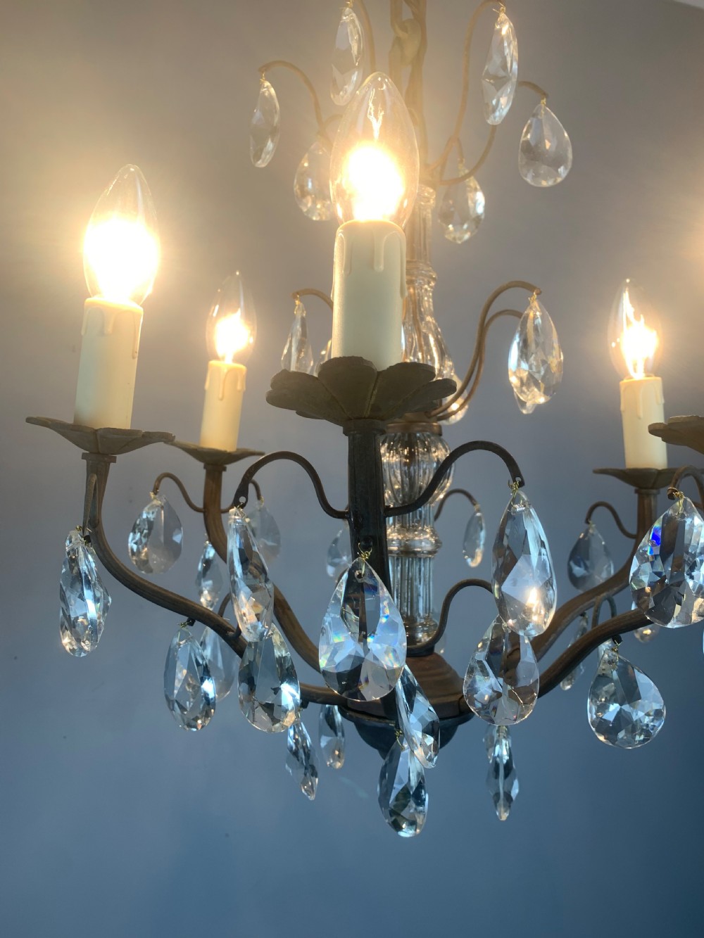 French 6 Arm Aged Brass Antique Chandelier  View III