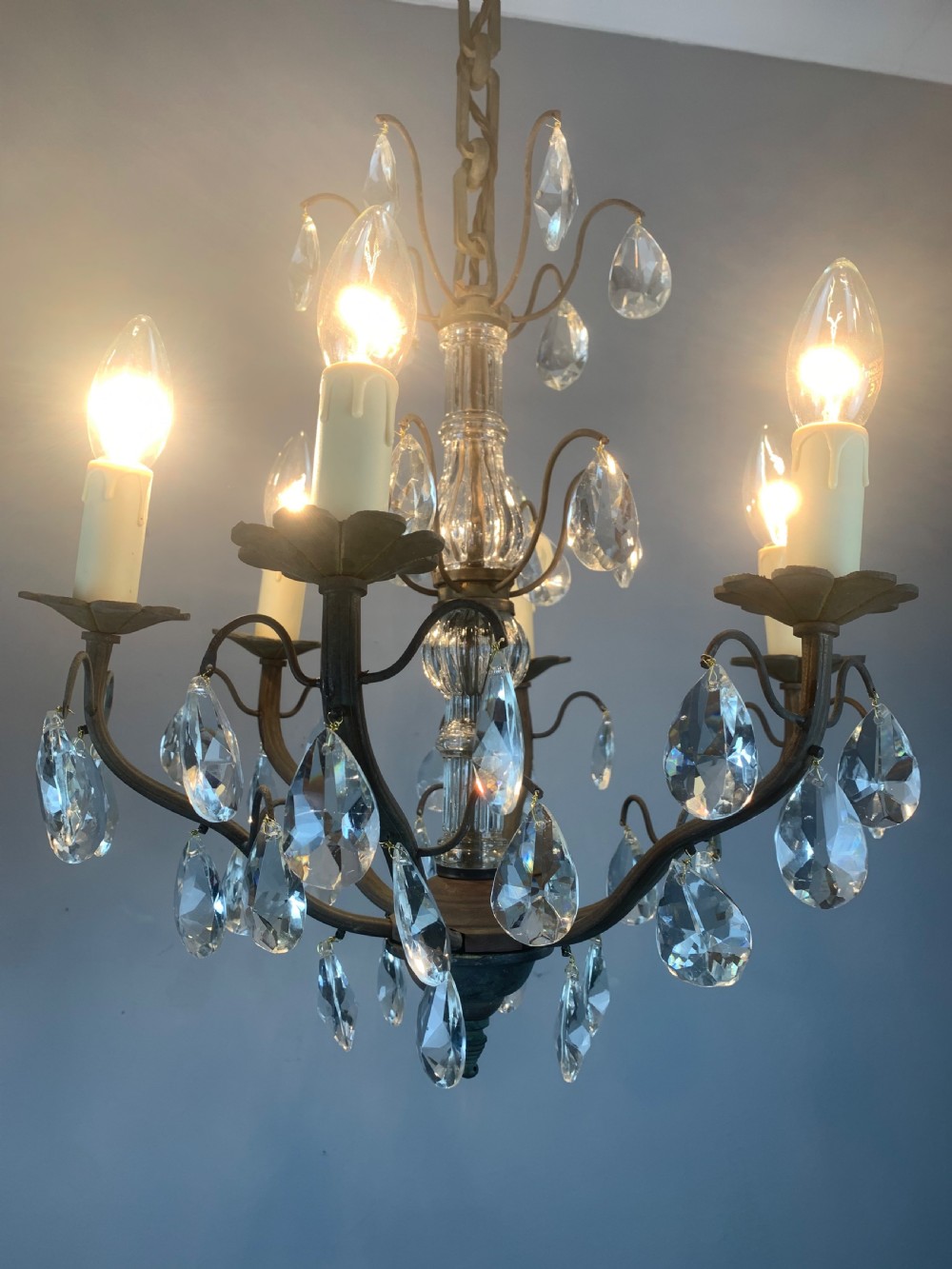 French 6 Arm Aged Brass Antique Chandelier  View IV