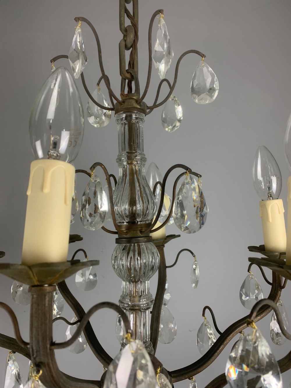 French 6 Arm Aged Brass Antique Chandelier  View V