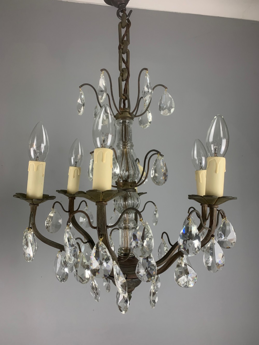French 6 Arm Aged Brass Antique Chandelier  View VI