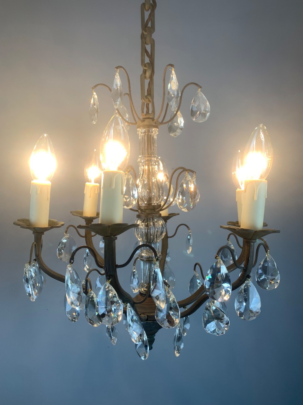 French 6 Arm Aged Brass Antique Chandelier  View VII