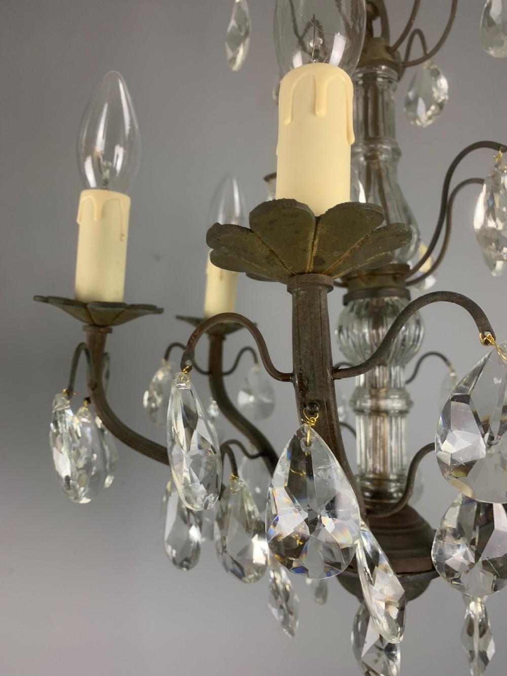 French 6 Arm Aged Brass Antique Chandelier  View VIII