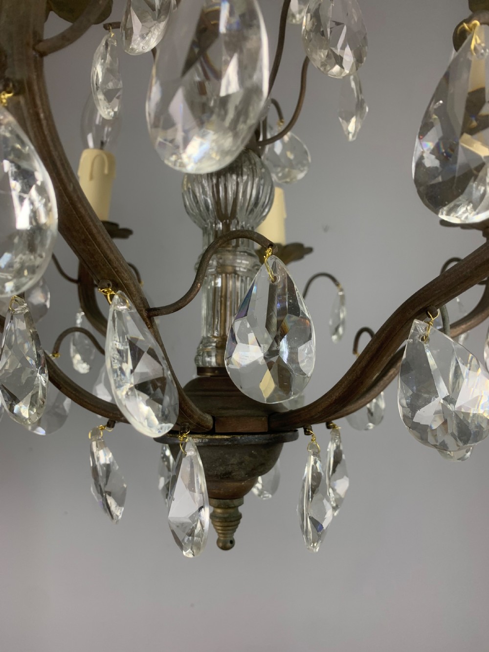 French 6 Arm Aged Brass Antique Chandelier  View IX