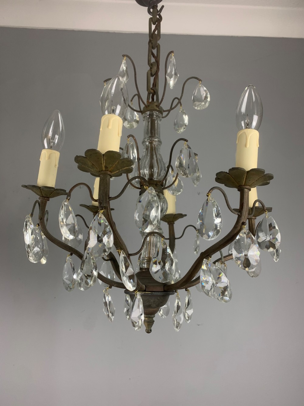 French 6 Arm Aged Brass Antique Chandelier  View X
