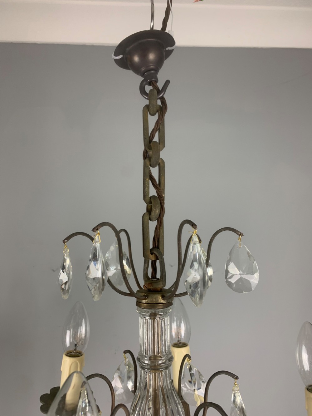 French 6 Arm Aged Brass Antique Chandelier  View XI