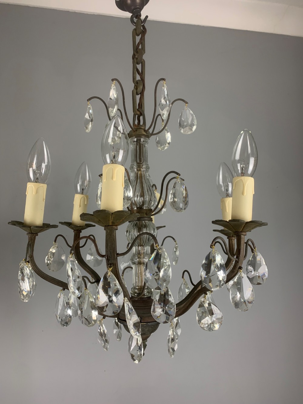 French 6 Arm Aged Brass Antique Chandelier  View XII